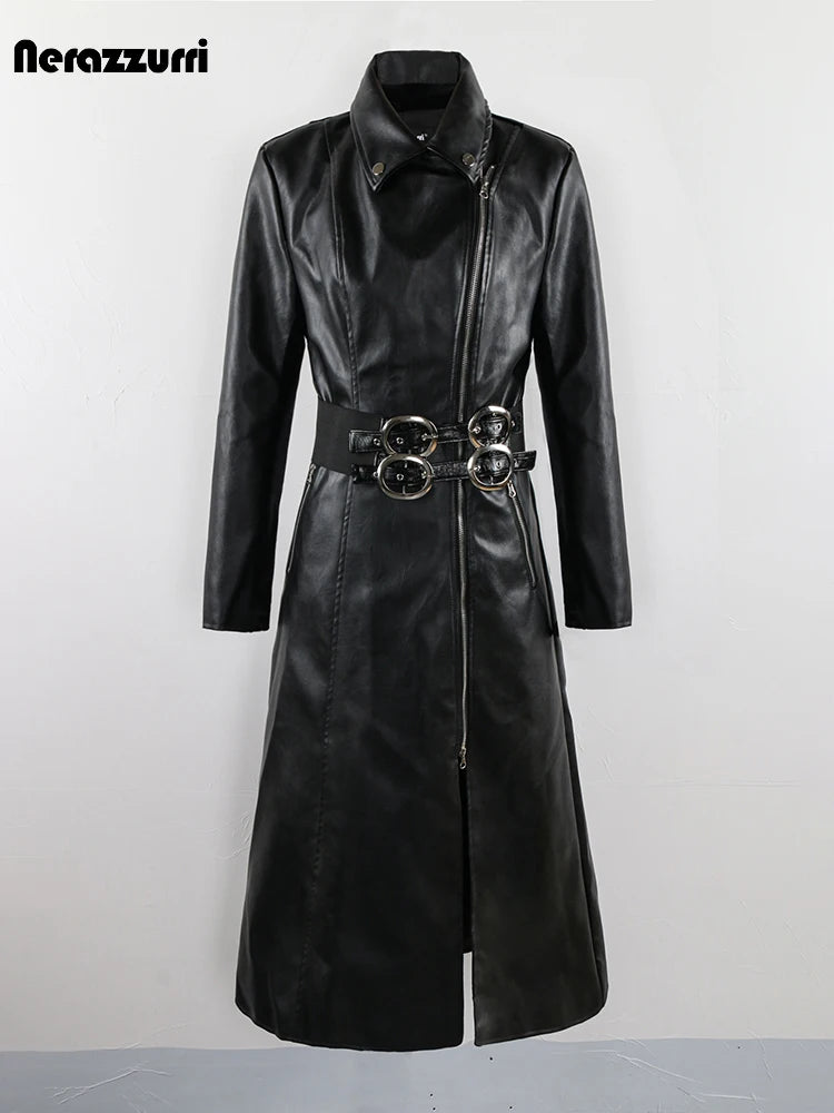 Nerazzurri Spring Autumn Long Black Stretchy Velvet Patchwork Pu Leather Coat Women with Double Belt Luxury Designer Clothes