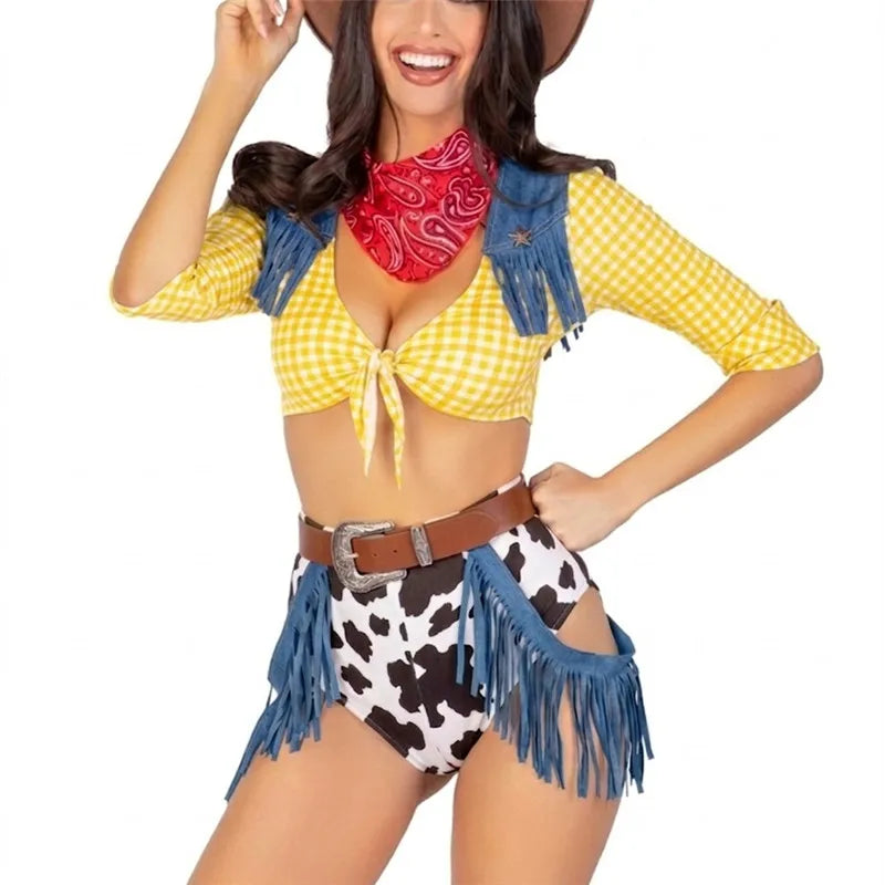 Halloween Women Cowgirl Cosplay Costume Retro Western Plaid Fringe Decor Crop Top Shorts With Bandana Belt Club Party Outfit