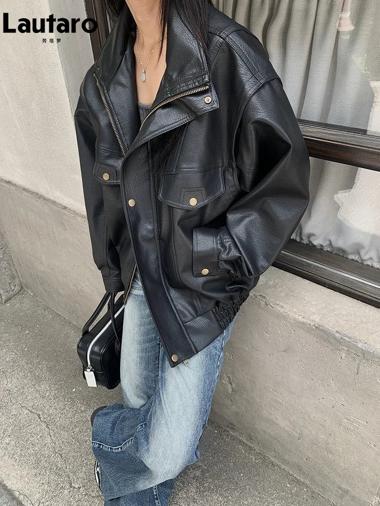 Lautaro Spring Winter Cool Oversized Thicken Warm Black Hard Pu Leather Jacket Women Long Sleeve High Quality American Clothing
