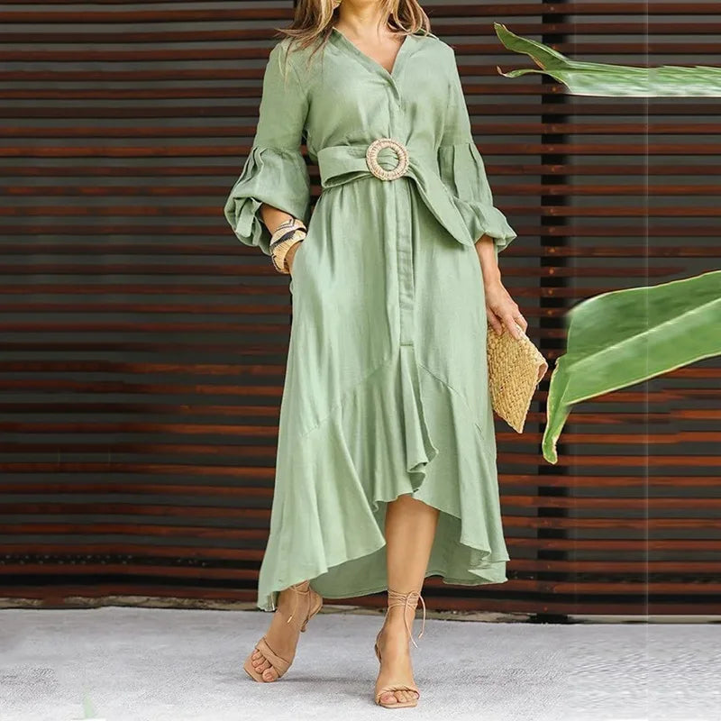 Elegant Dresses for Women Fashion Solid Lantern Sleeve Ruffle Hem Pocket Design Belt Maxi Dress Office Ladies Temperament Dress