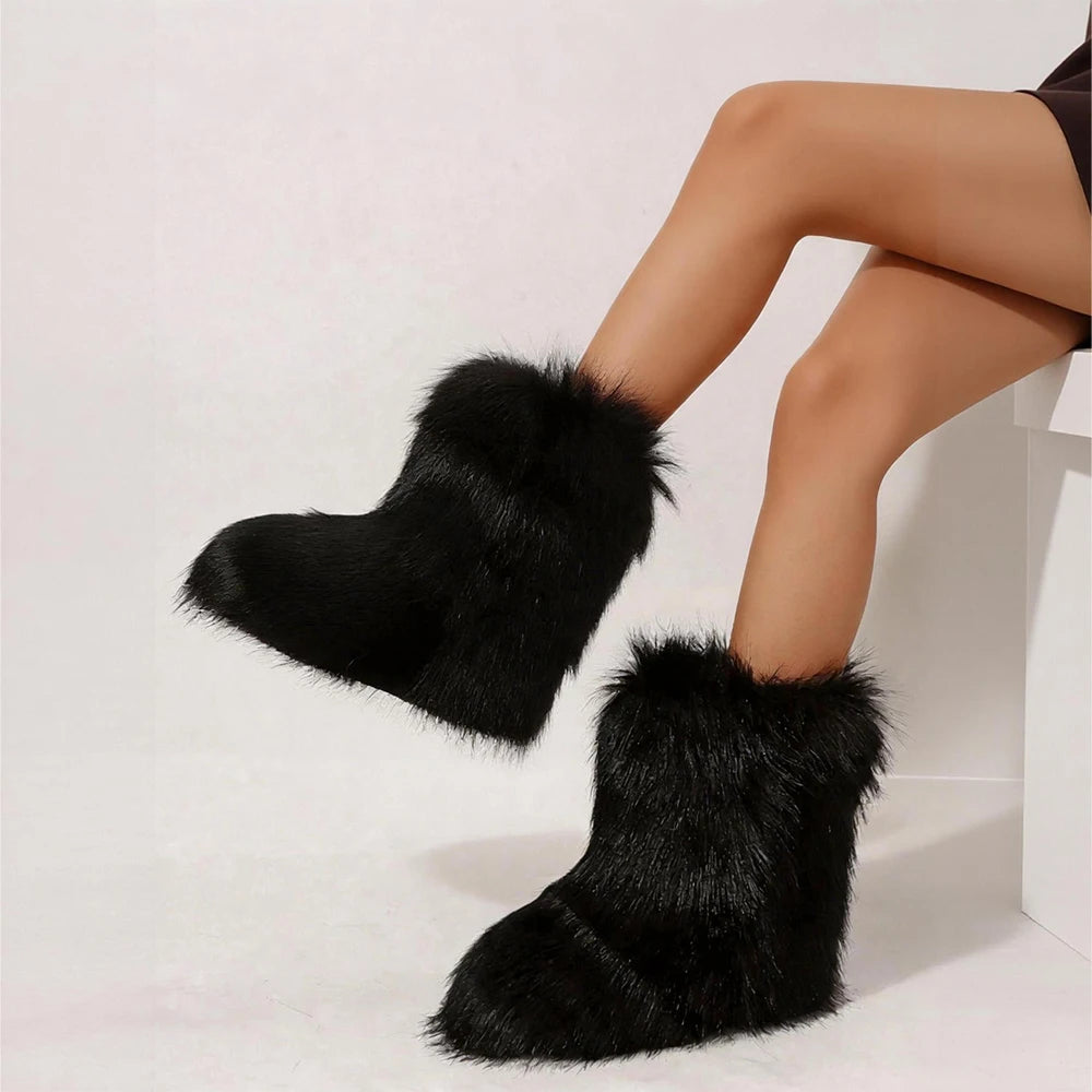 Y2K Faux Fox Fur Snow Boots Winter Shoe Women's Fluffy Faux Fox Fur Boots Woman Plush Warm Snow Boots Luxury Footwear Girls' Furry Fur Bottes Fashion