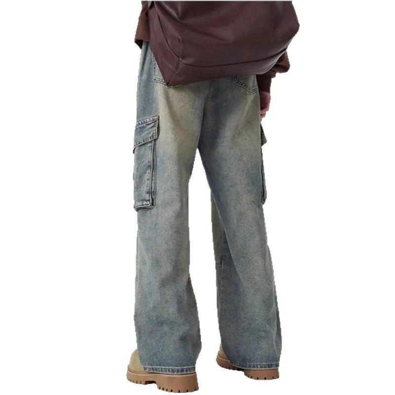 2025 Autumn Winter  Men's Jeans Vintage Vibe Denim Pants Multi Pocket Cargo Patchwork Wide Leg Straight Leg Versatile Trousers