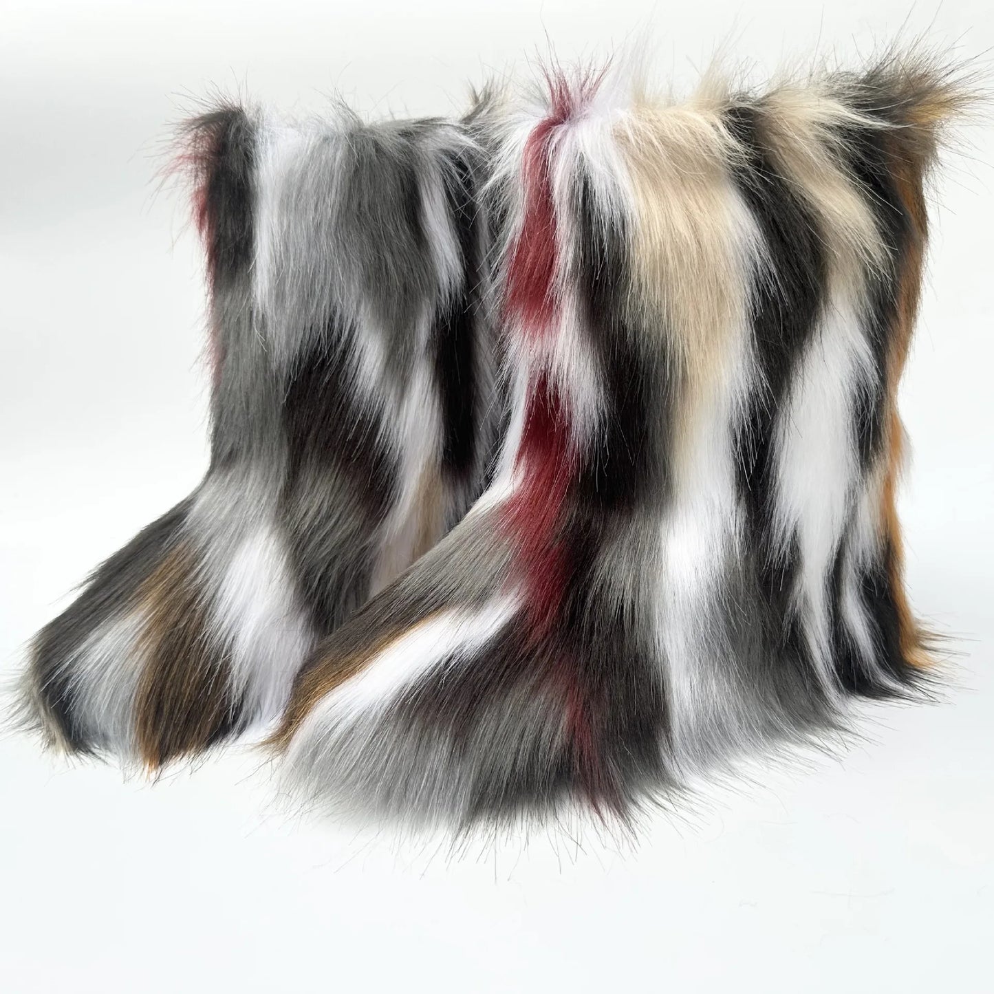 Cute High Quality Faux Raccoon Fox Fur Shibuya Gal Thickened Plus Size Mid-Calf Faux Fur Warm Winter Snow Boots for Women