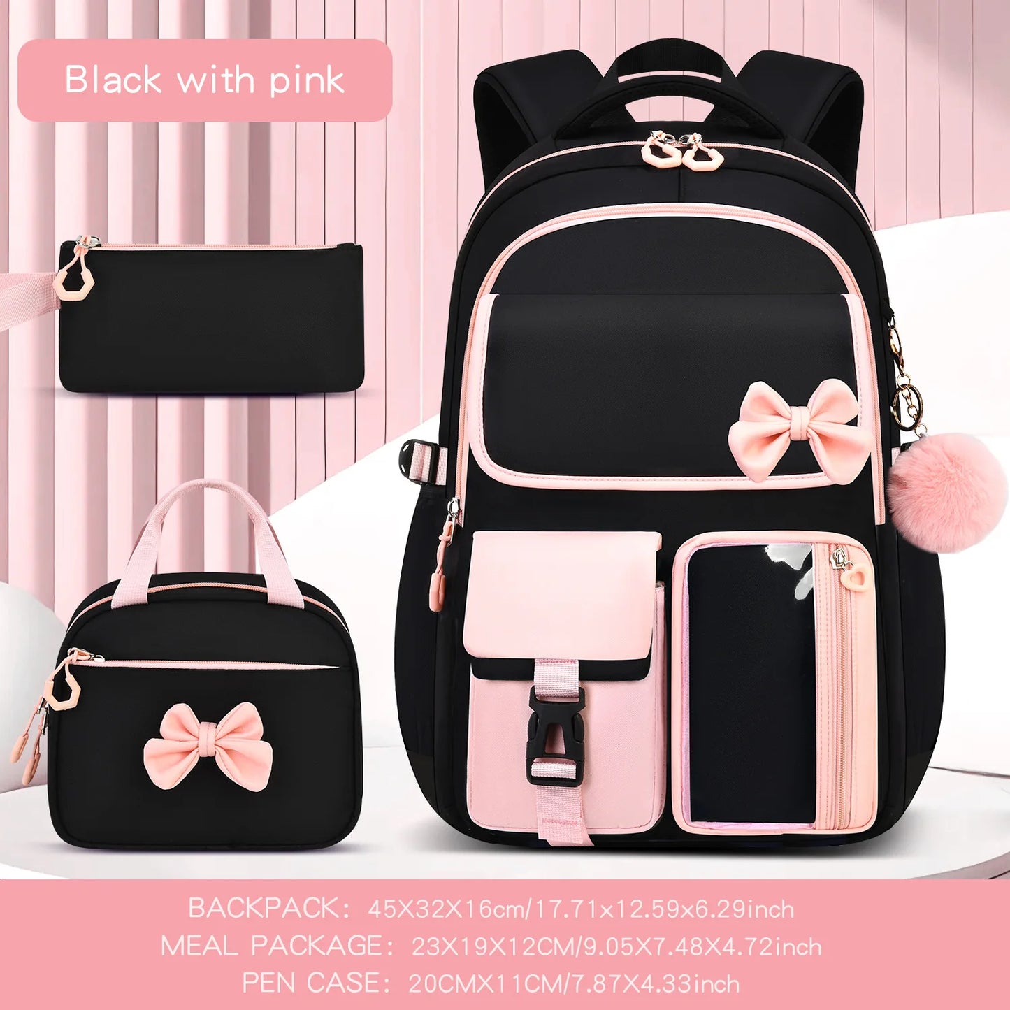 Three-piece Purple School Bag Set Casual with Pen Bag Students Schoolbag Durable with Lunch Bag Large Capacity bow Backpack book