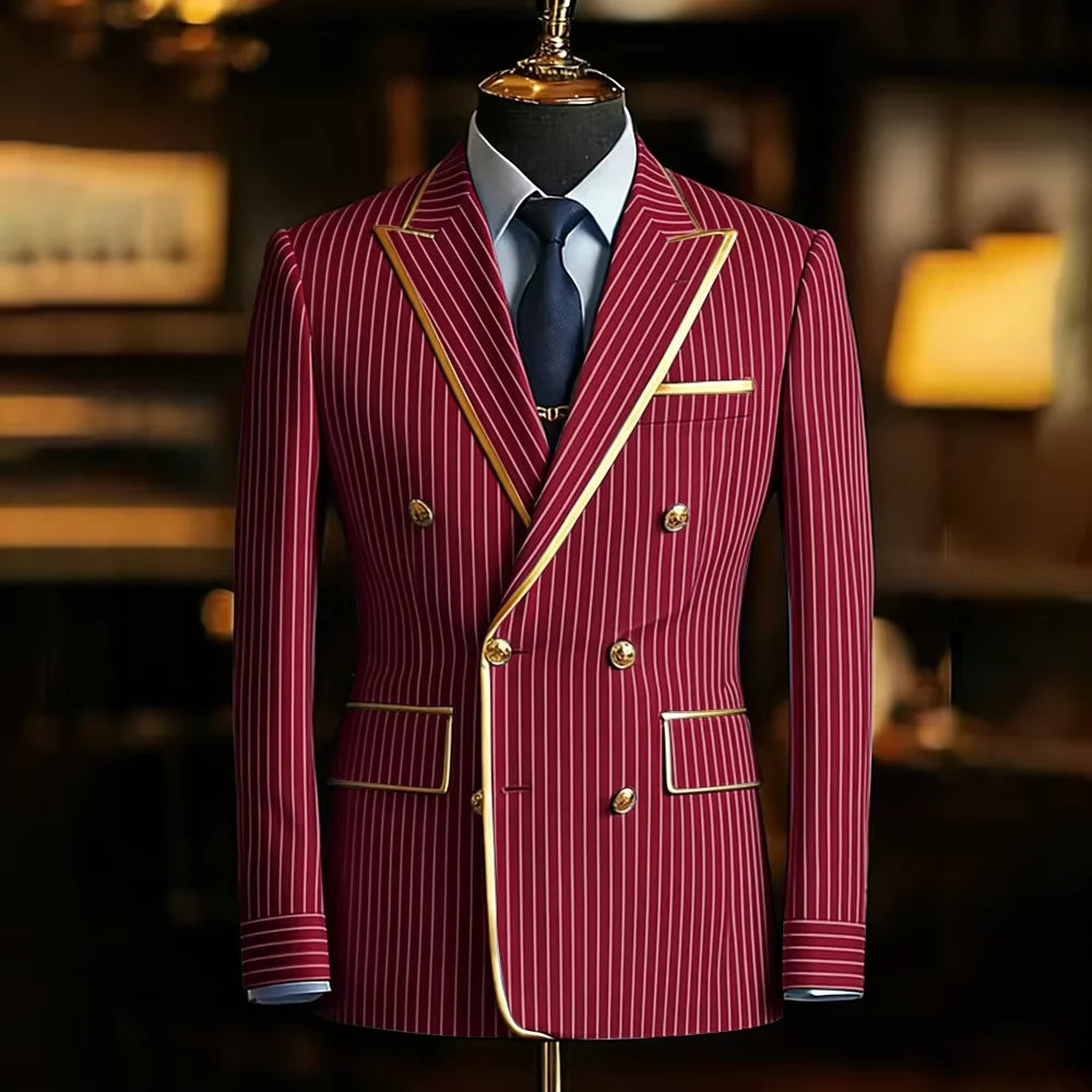 Men's Pinstripe Blazer Double Breasted Slim Fit Peaked Lapel With Gold Trim Formal Suit Jacket  For Groomsman Wedding Prom Hot