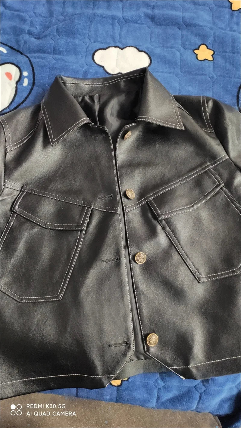 2026 Short PU Leather Coat Women's Spring Autumn New Jacket Ladies Fashion Outerwear Western Style Lapel Overcoat Leather Jacket