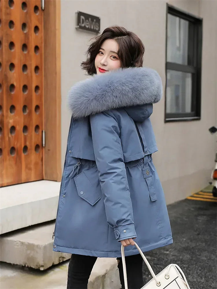 Winter Coat Low Price On Sale Women Beige Add Wool Thick Warmth Fur Hooded Parkas Jacket 2026 New Fashion Belt Slim Cotton Coat