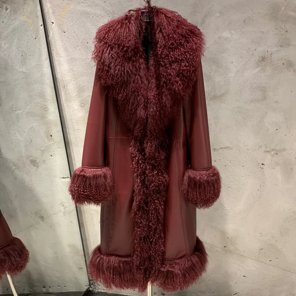 Suede Coat Fur Collar Women Autumn Genuine Sheepskin Coat Long with Mongfolian Fur Trim