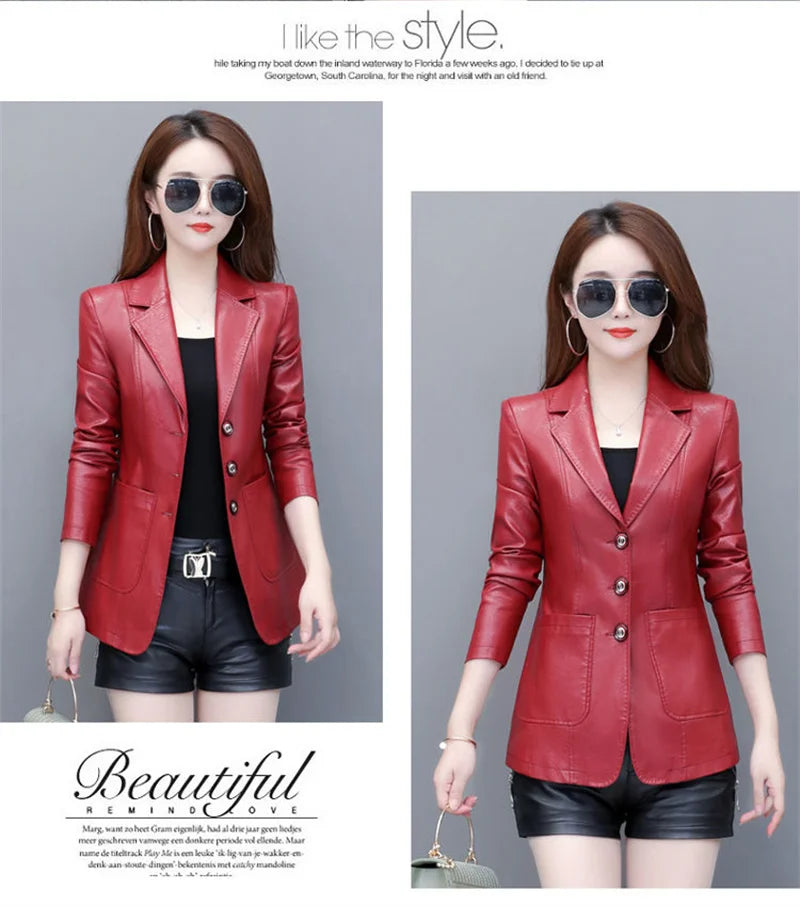 High Quality 2026 Autumn And Winter New  Leather Leather Coat Women's Short Slim Suit Collar Leather Jacket Female's Coat Black