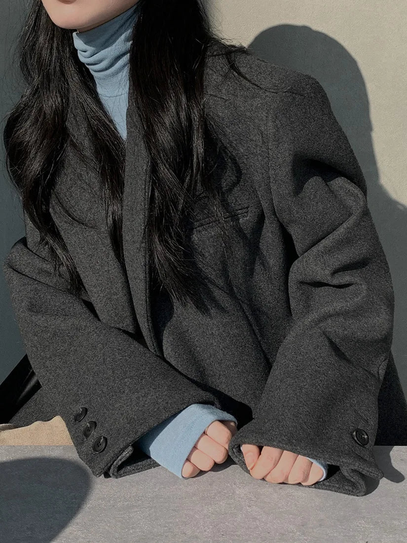 Chic Autumn Winter Thiened Long Sve Pure Color Woolen Suit Jaet Women Casual Versatile Loose Fit Commute Sle Coat