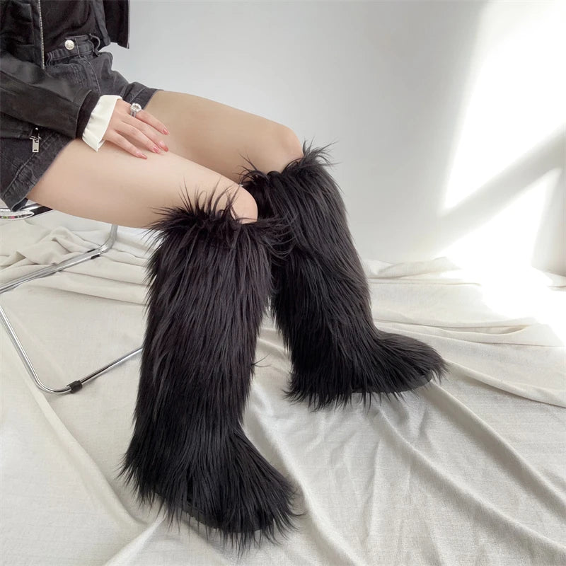 Hot Sale Ins Fashion Long Women Furry Boots Winter Knee Length Keep Warm Ladies Snow Boots