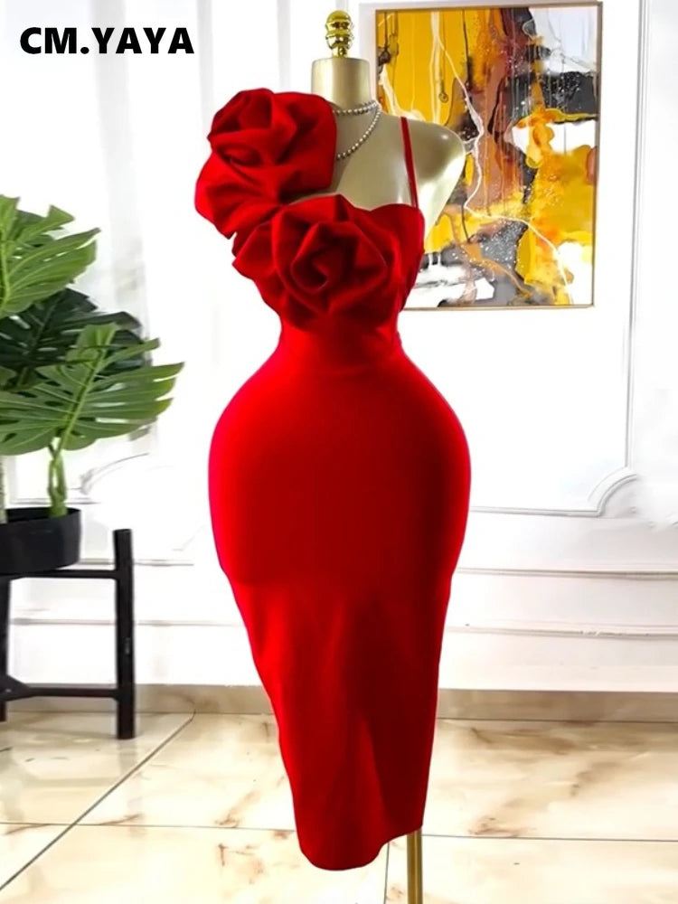 CM.YAYA Women Floral Applique Sleeveless Strap Midi Dress 2026 Summer Elegant Holiday Birthday Sexy Club Party Evening Dresses