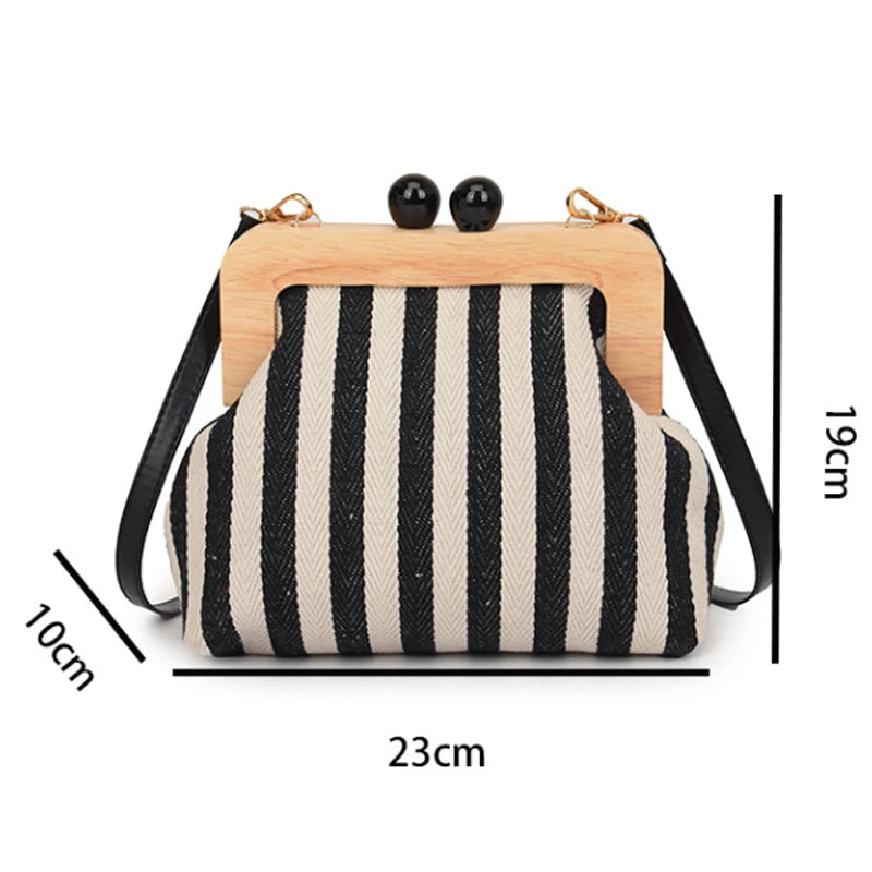New Black Stripe Canvas Wooden Clip Bag Women Bag Fashion Shoulder Bag Crossbody Bag