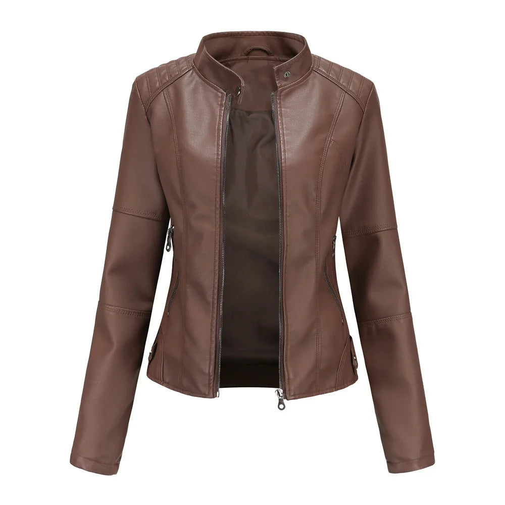 Women's Leather Jacket Women's Slim-Fit Jacket Thin Autumn Jacket Women's Biker Jacket Large Size Standing Collar Leather Jacket