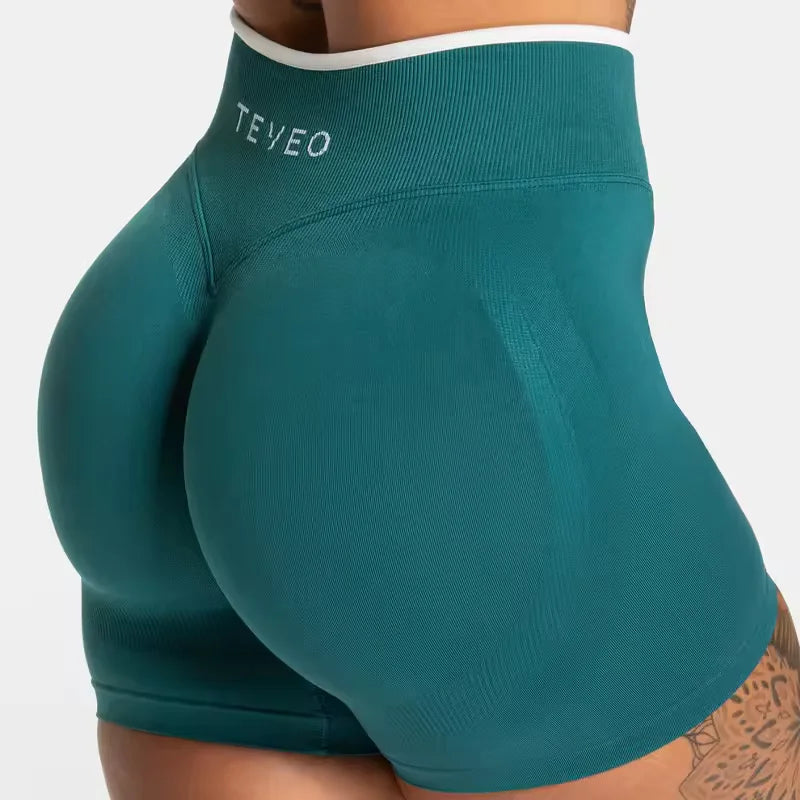 TEVEO Women's Seamless Gym Solid Sports Ignite Short White Waist Tight High Waist Hip Lifting Yoga Pants Running Sports Shorts