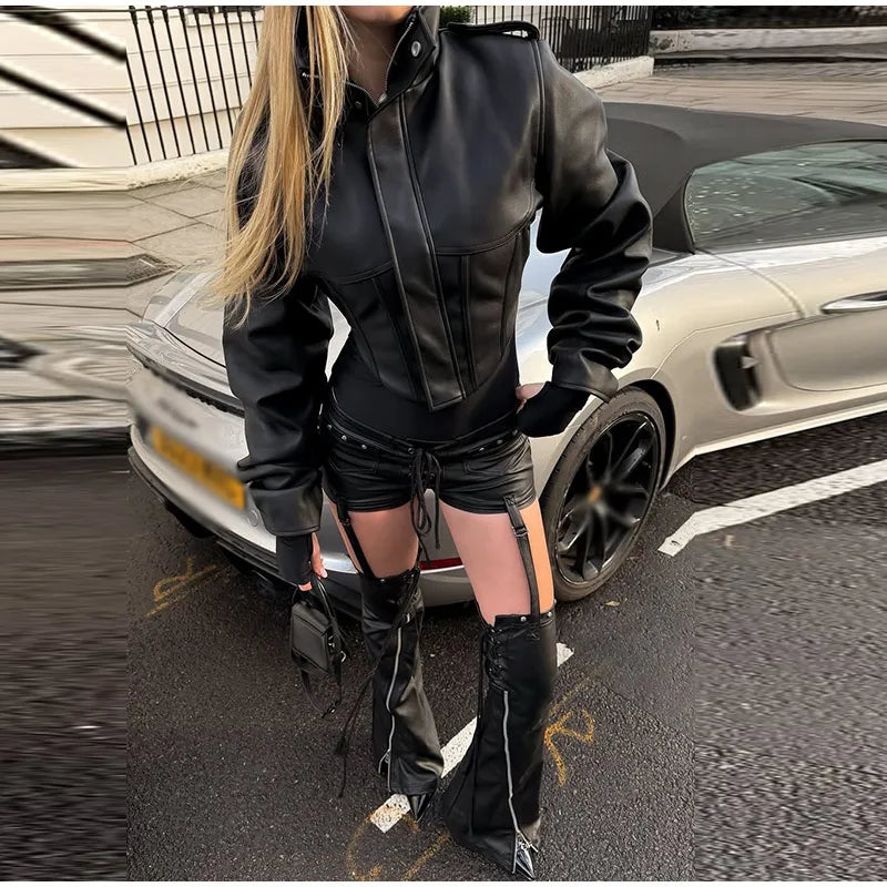 Street Women's Cropped Leather Jacket Slim Stand Collar Long Sleeve Zipper Irregular Hem Coat 2026 Autumn Lady Chic Otwear