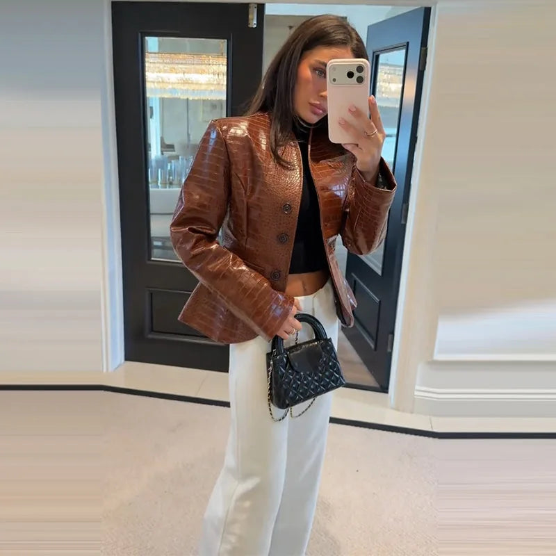 Street Fitted Leather Jackets Women Shoulder Pad Single Breasted Long Sleeves Pu Coats Female 2026 Autumn New Chic Outwears Lady