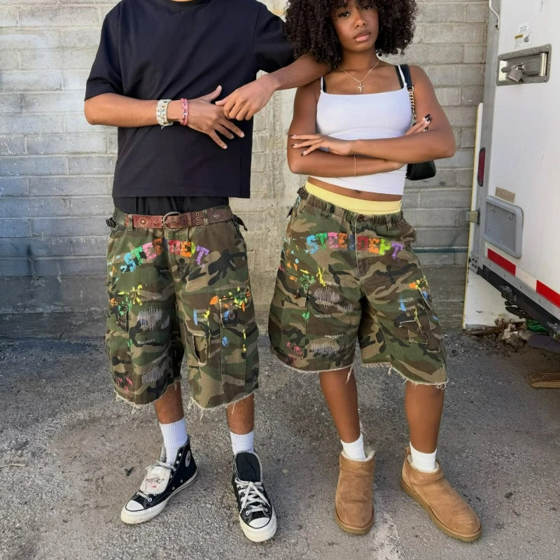 Y2k Camo Cargo Shorts Retro Graffiti Patched Hole Men Women Shorts American Hip Hop Trendy Streetwear Unisex Casual Baggy Shorts