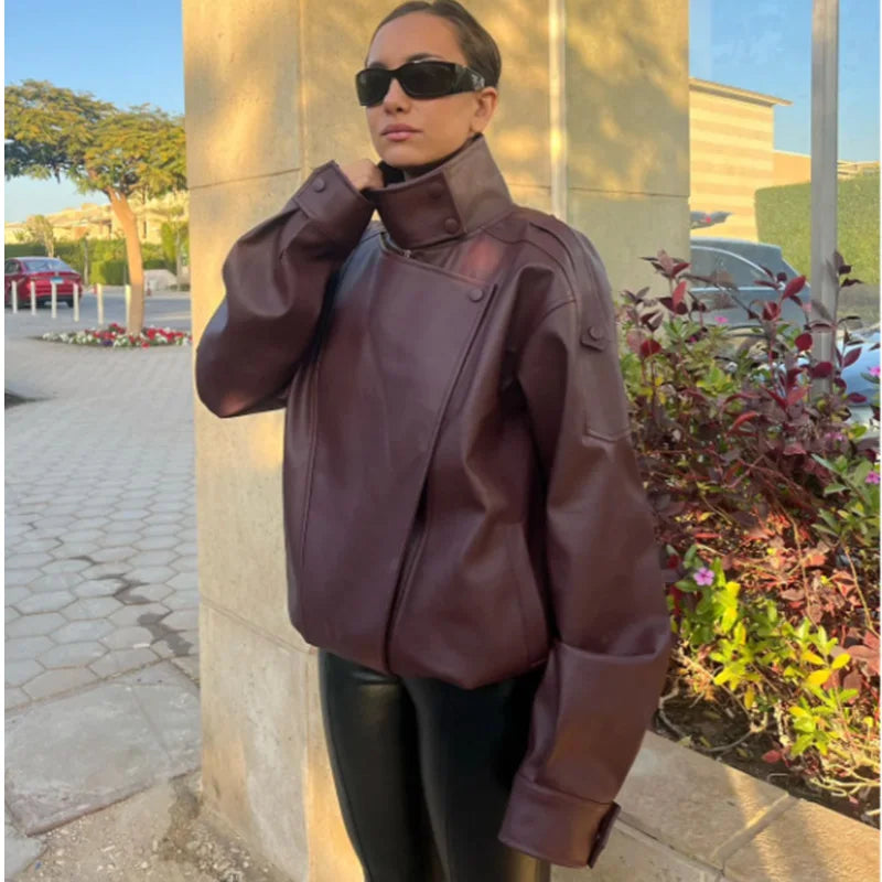 HXAO Women's Faux Leather Jacket Short Coat Black Bomber Jackets For Woman Loose Winter Outerwear High Neck Aviator Jackets
