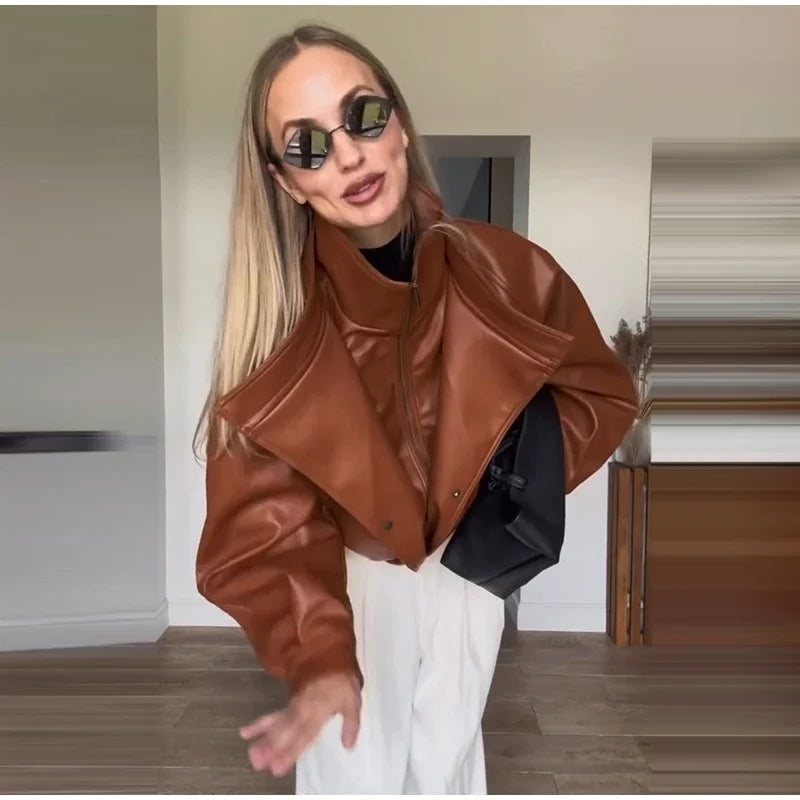 Fashion Solid Faux Leather Women's Jacket  Lapel Waist Cinching Loose Long Sleeves Coat Chic 2026 Spring Autumn New Street Wear