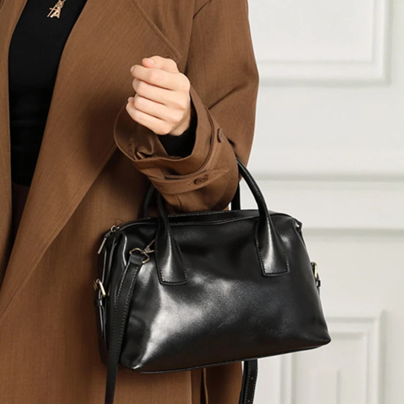BURMINSA Genuine Cowhide Leather Handbags For Women Retro Pillow Top Handle Bags Bowling Daily Work Crossbody Shoulder Purses