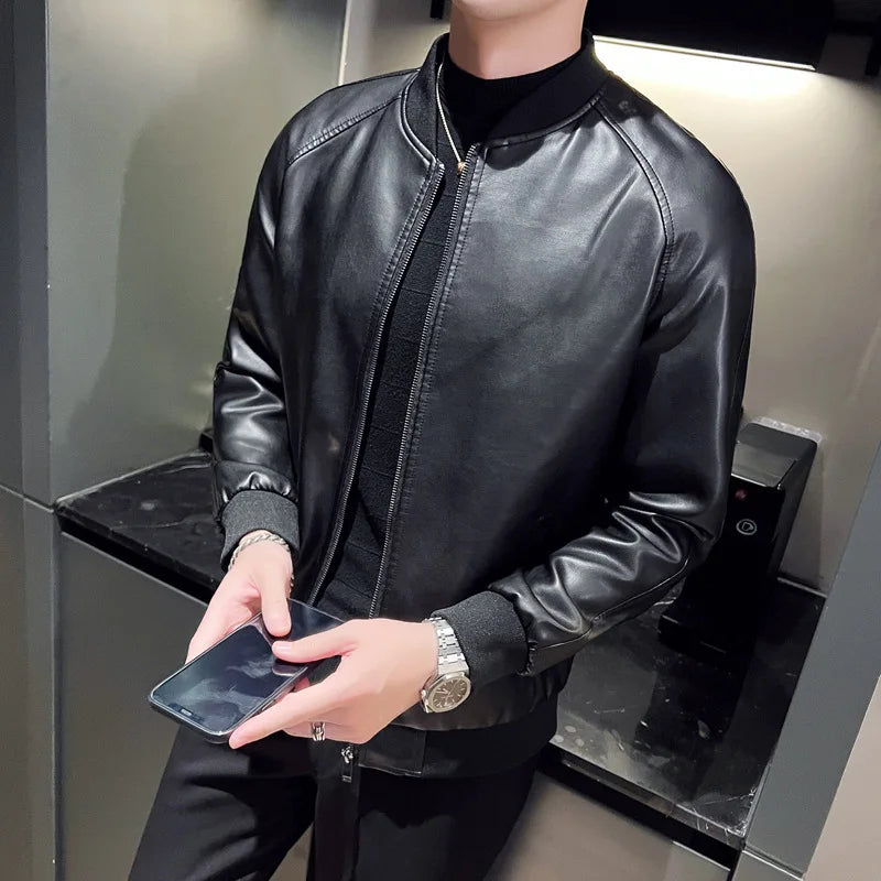 New Men's Faux Leather Jacket Motorcycle Biker Coat Stand Collar Zipper Slim Fit Casual Streetwear Outerwear