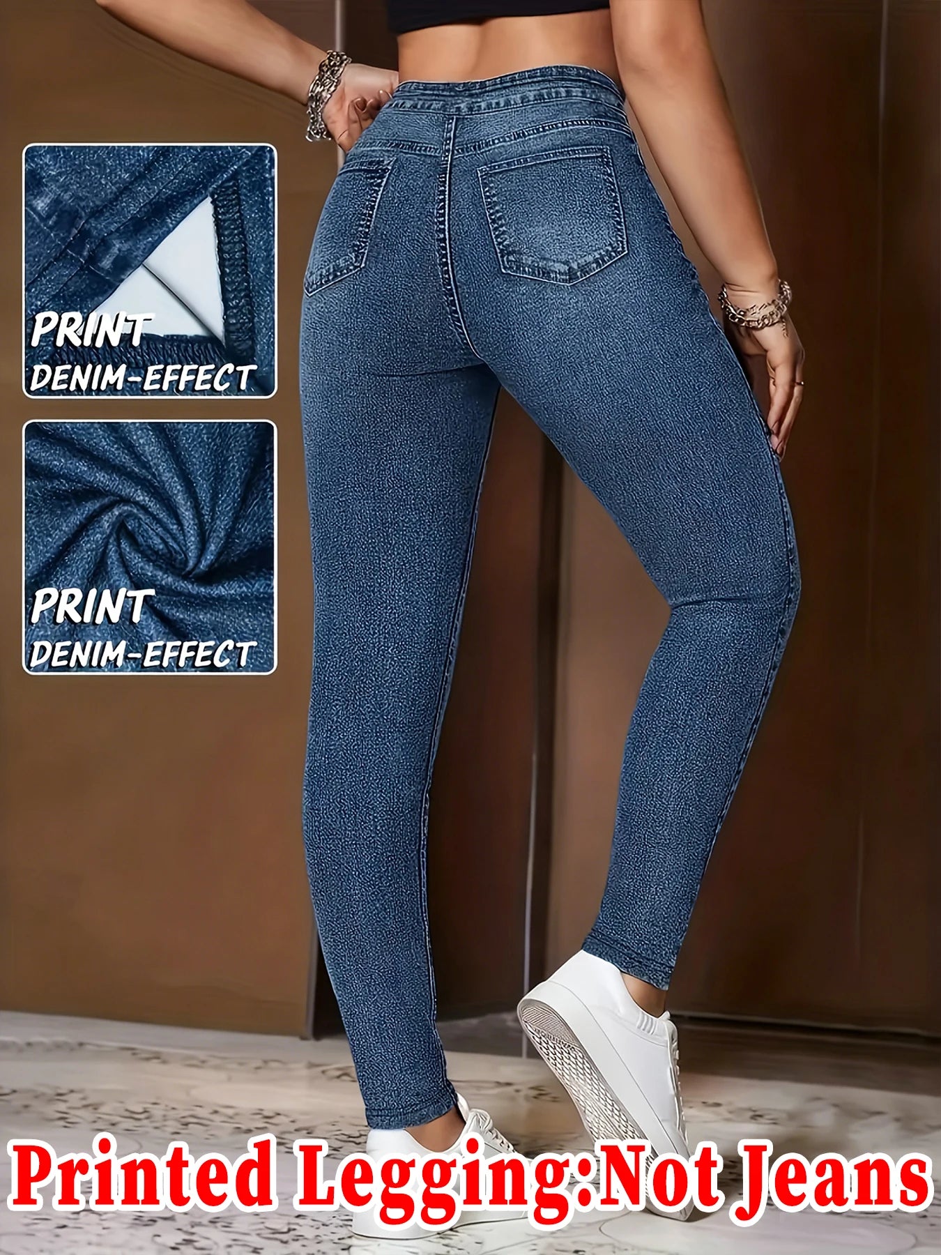 Fashion Women Faux Denim Printed Skinny Pants, High Elastic Seamless Fake Pocket Casual Sports Long Leggings