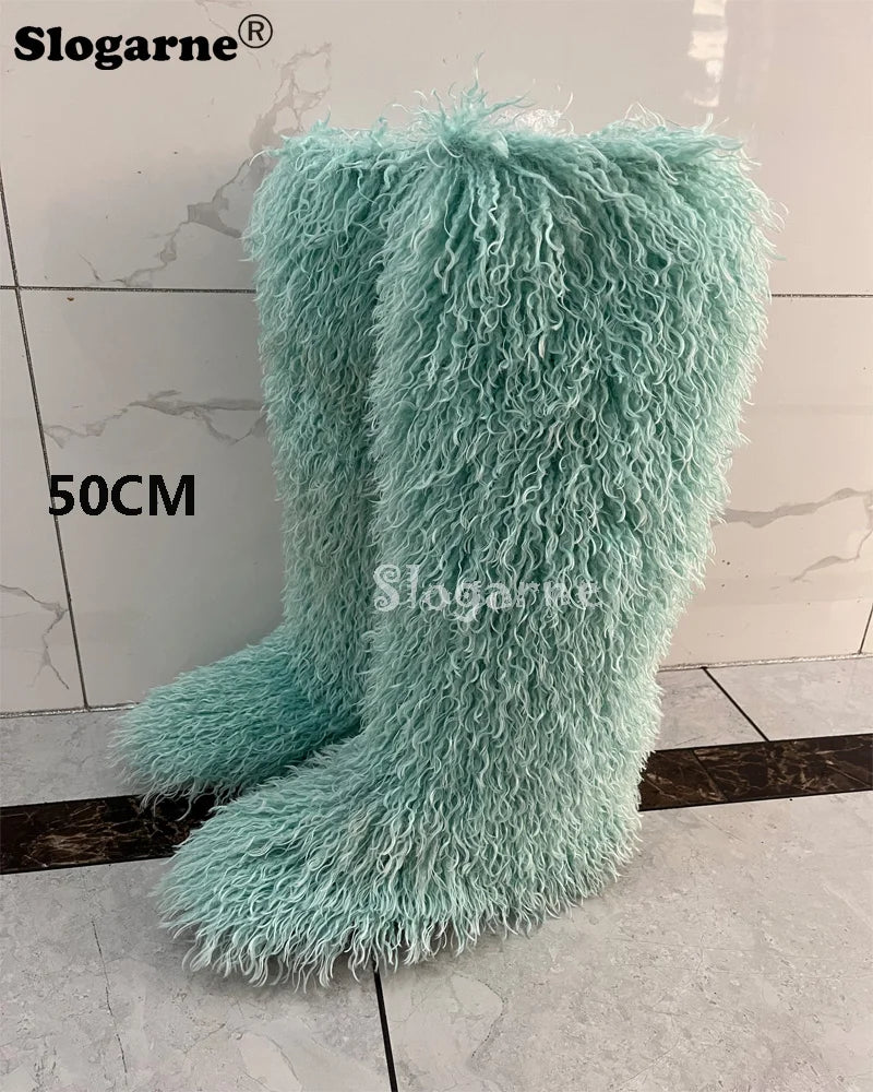 New Over The Knee Fur Boots Women Warm 72CM Long Faux Mongolian Fur Snow Boots Winter Luxury Fluffy Shoes Plush Platform Shoes