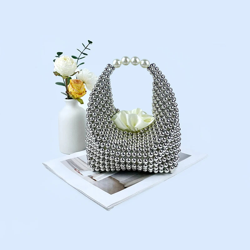 European and American high-end texture handmade silver beaded pillow bag, banquet bag, fashionable and versatile