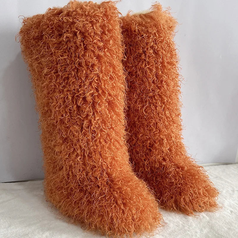 New Over The Knee Fur Boots Women Warm 72CM Long Faux Mongolian Fur Snow Boots Winter Luxury Fluffy Shoes Plush Platform Shoes