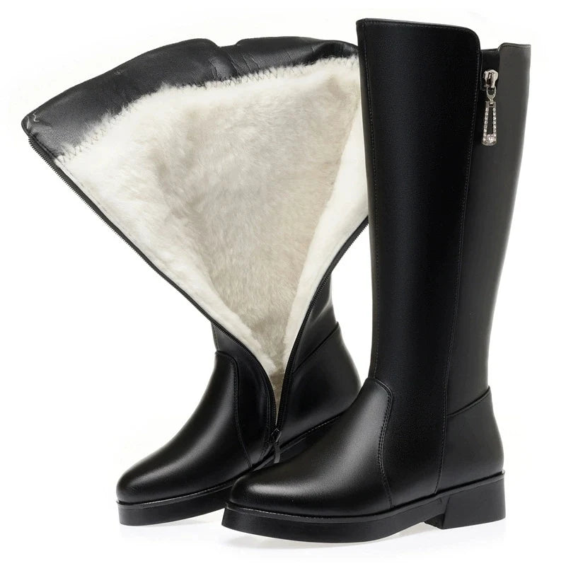 WOIZGIC Mother Female Women's Ladies Zipper Winter Genuine Leather Mid Calf Boots Shoes Plush Wool Warm Fur Snow Waterproof