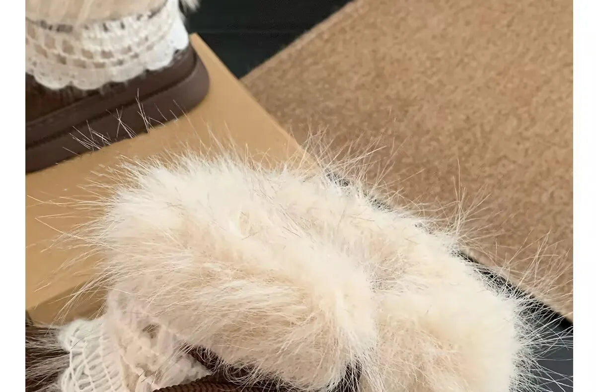 Korean Style Lace Snow Boots 2025 Winter Plush Warm Short Boots Girls Sweet Thick Bottom Casual Boots Students Cotton Shoes