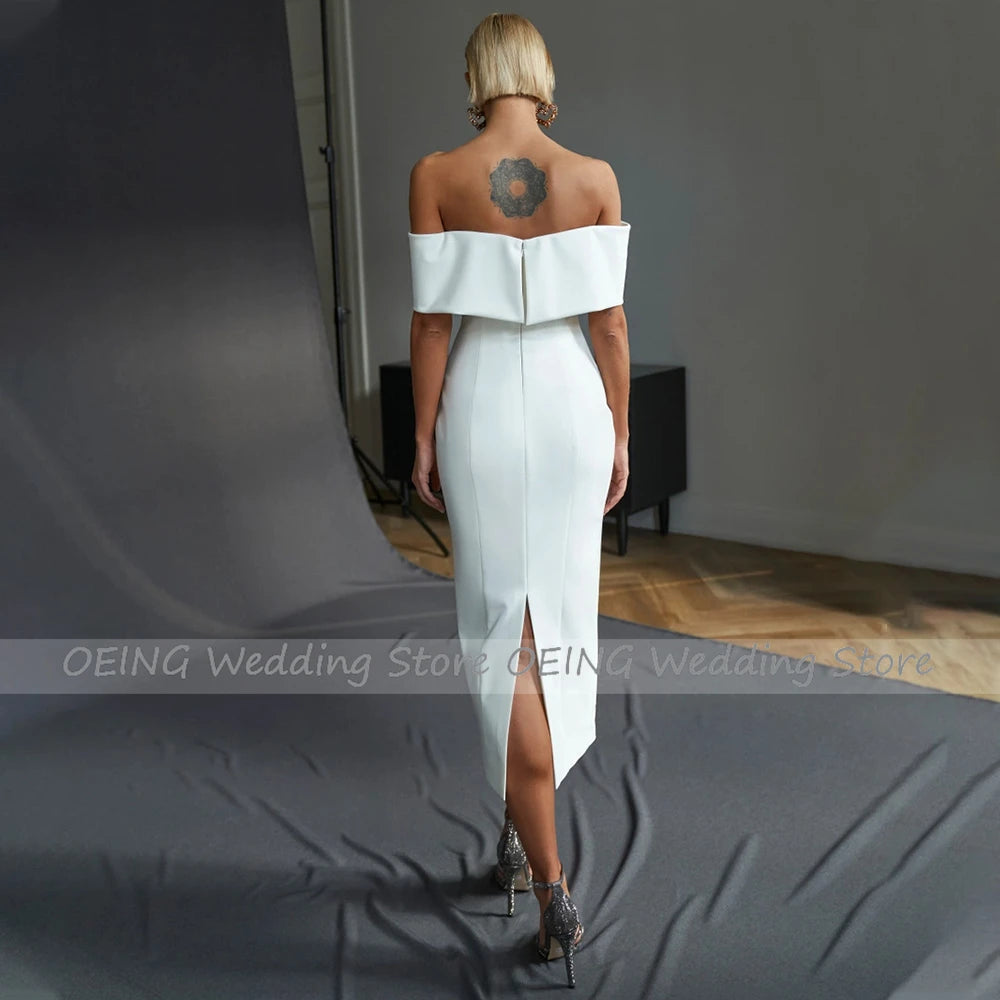 Midi Wedding Dress Simple Off the Shoulder Sheath/Column Wedding Gown For Women Bride Backless Short Bridal Reception Dress