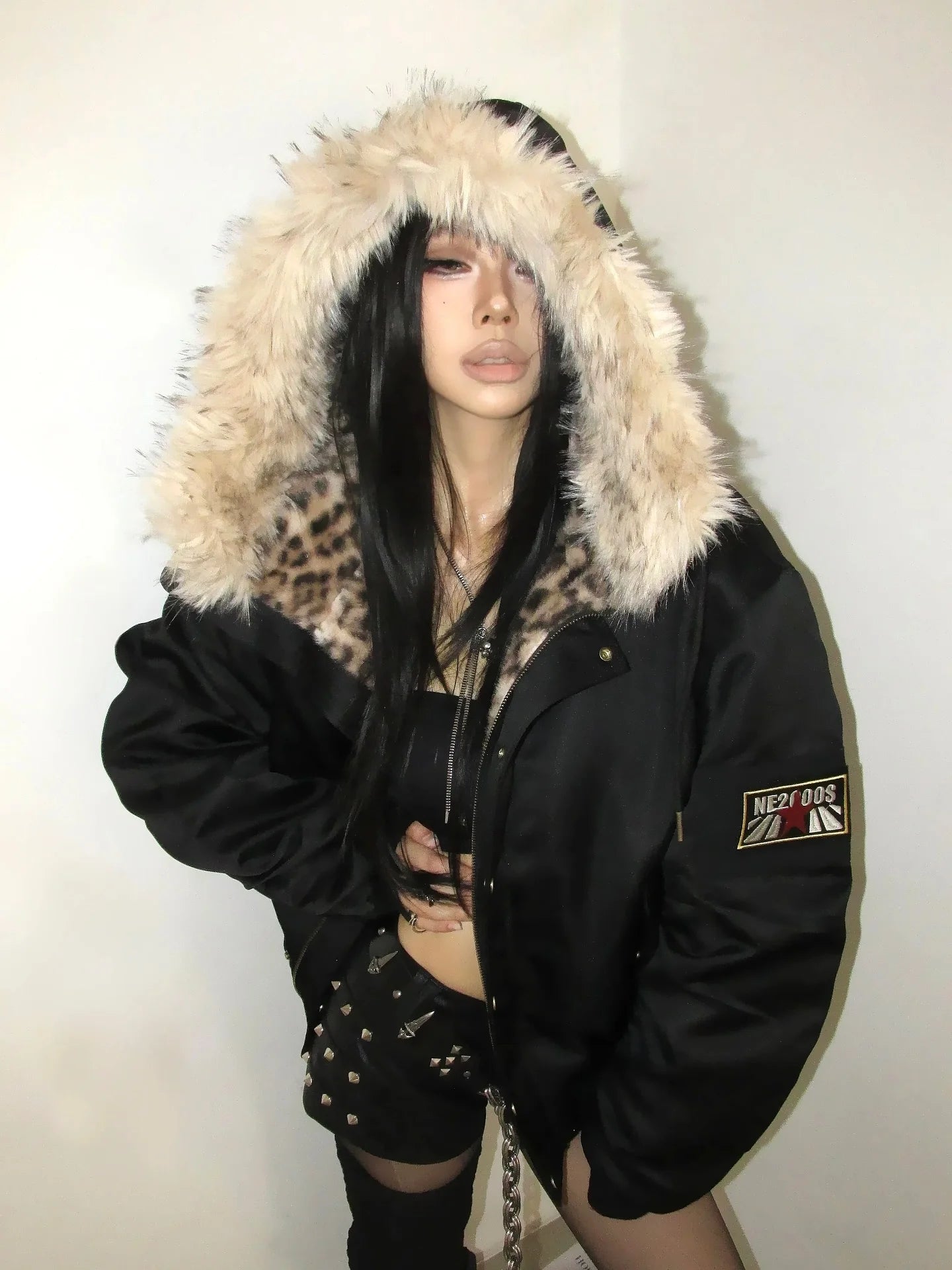 American Harajuku Retro Jacket Men and Women New Simple Plush Leopard Print Jacket Loose Leather Motorcycle Hip Hop Punk Jacket