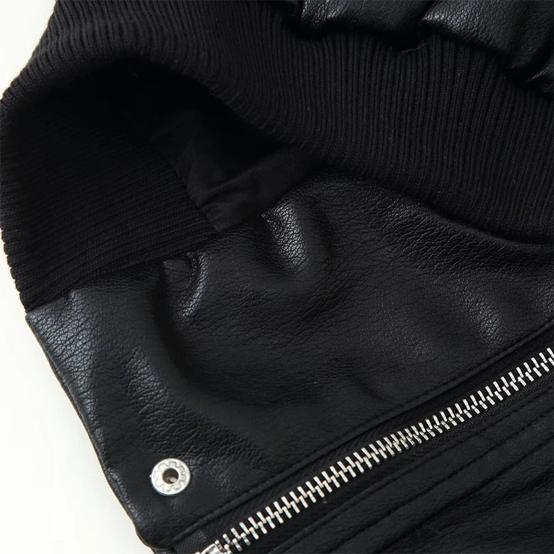  Women's Faux Leather Bomber Jacket Black Stand Collar Cropped Loose Vintage Outerwear 2026 Autumn Lady Street Chic Casual Coat