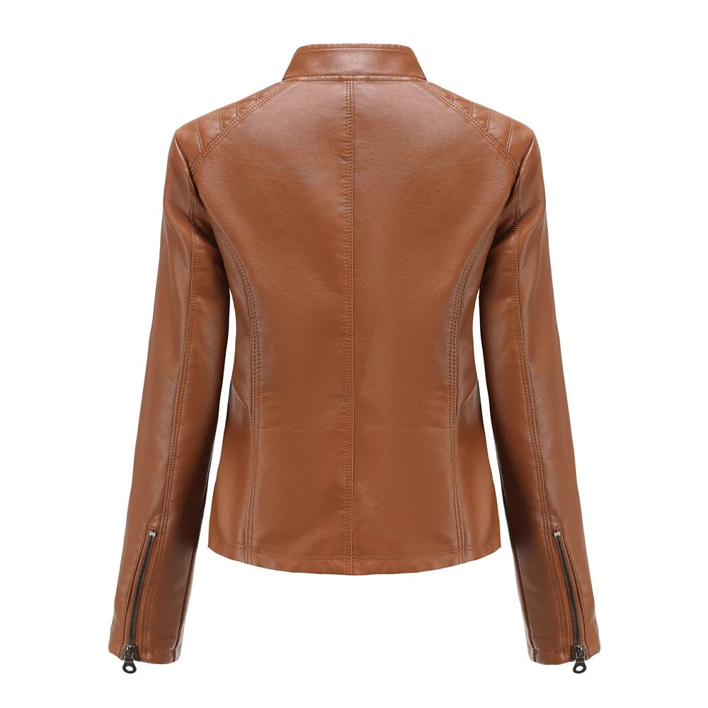 Ladies casual stand-up collar jacket Slim models women's spring and autumn solid color women's leather jacket