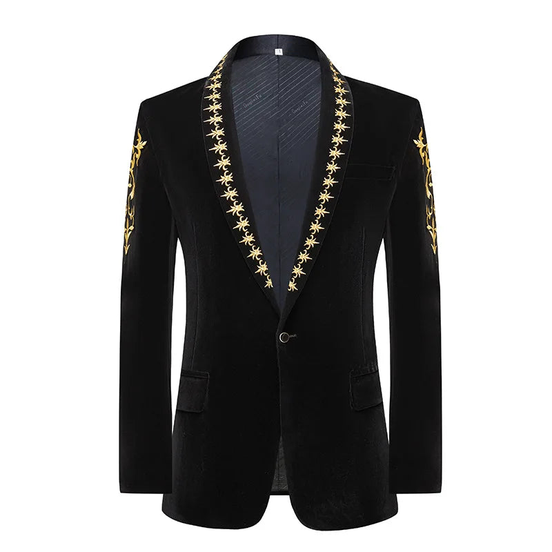 New Men High Quality Golden Velvet Embroidered Suit Slim Fit Jacket Fashion Homme Wedding Prom Party Luxury Dress Blazers