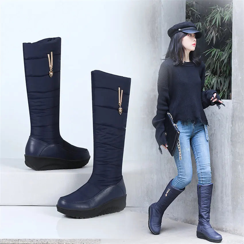 Women Warm Fur Mid-calf Snow Boots Round Toe Red Black Down Crystal Dec Party Travel Lady Wedge Platform Winter Plush Half Boots