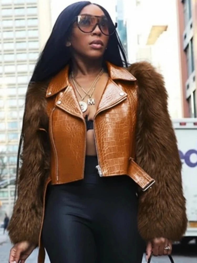 Leosoxs Winter New Sexy Fur Leather Patchwork Jacket for Woman Motorcycle Lapel Zipper Crop Coat  Female Streetwear Clothing
