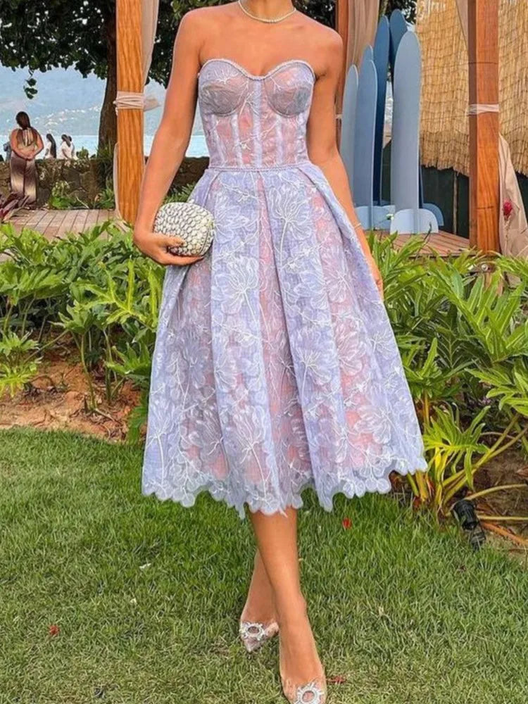 Evening Dress Women Fashion Sexy See Through Lace Embroidery Tube Top Dresses Temperament Socialite Banquet Prom Vestidos 2025