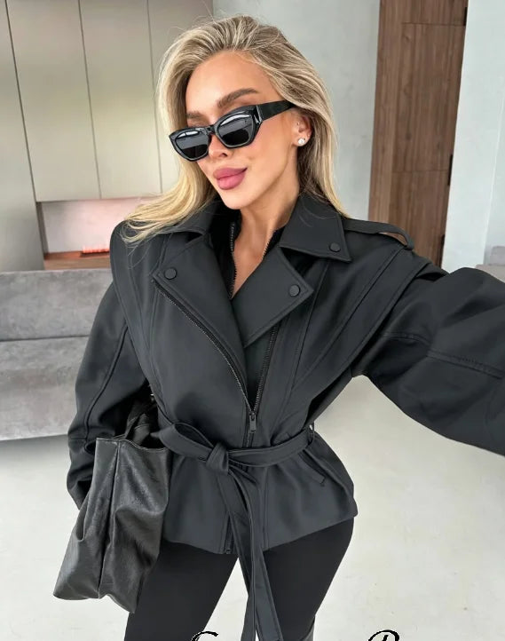 Women Black Lapel Collar Faux Pu Leather Jacket Fashion Full Zip Belted Waist-cinching Cropped Coat 2026 Autumn Daily Outerwear