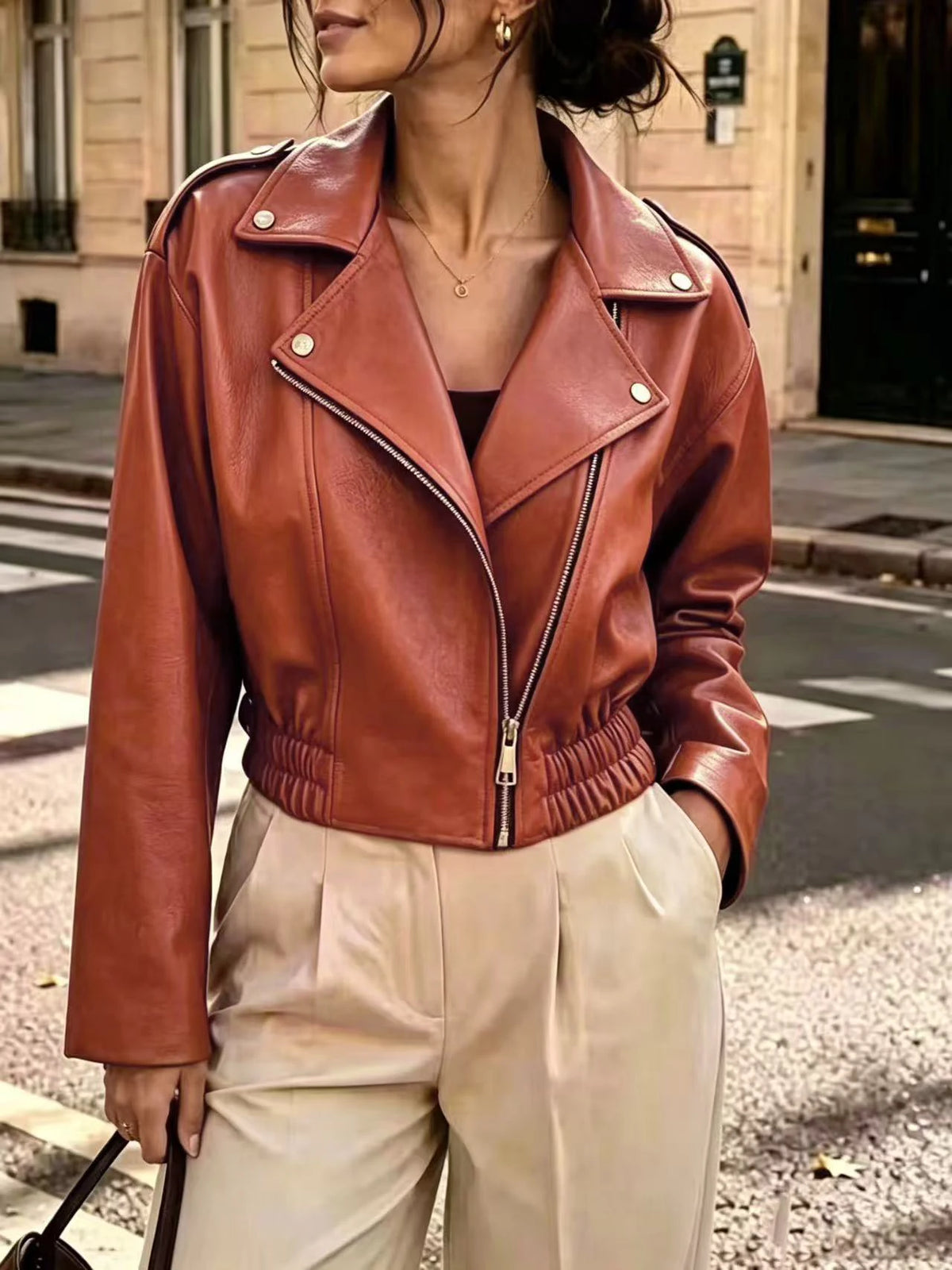 Women Cropped Faux Leather Moto Jacket Long Sleeve Oblique Zipper Biker Coat