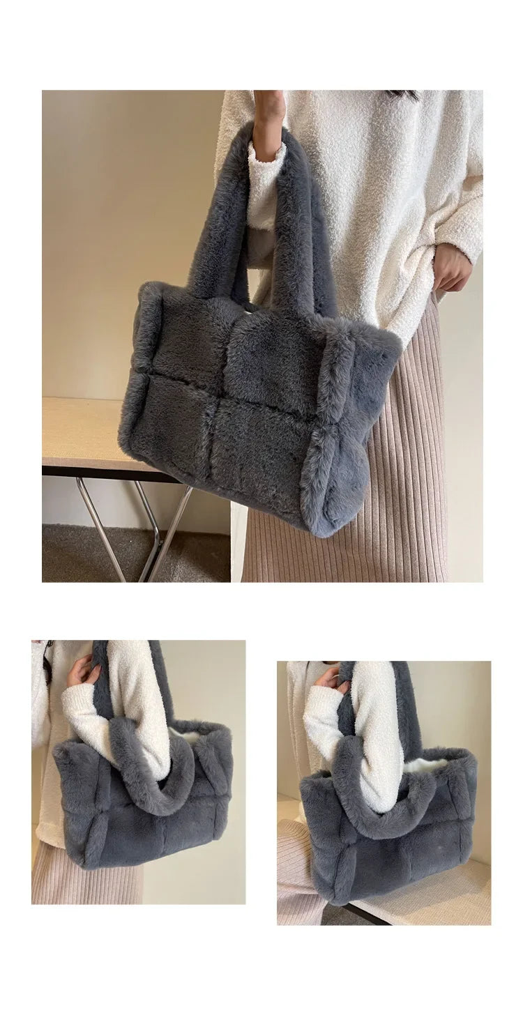 New plush women's handbag, large capacity shoulder bag, suitable for shopping and shopping, winter women's armpit bag