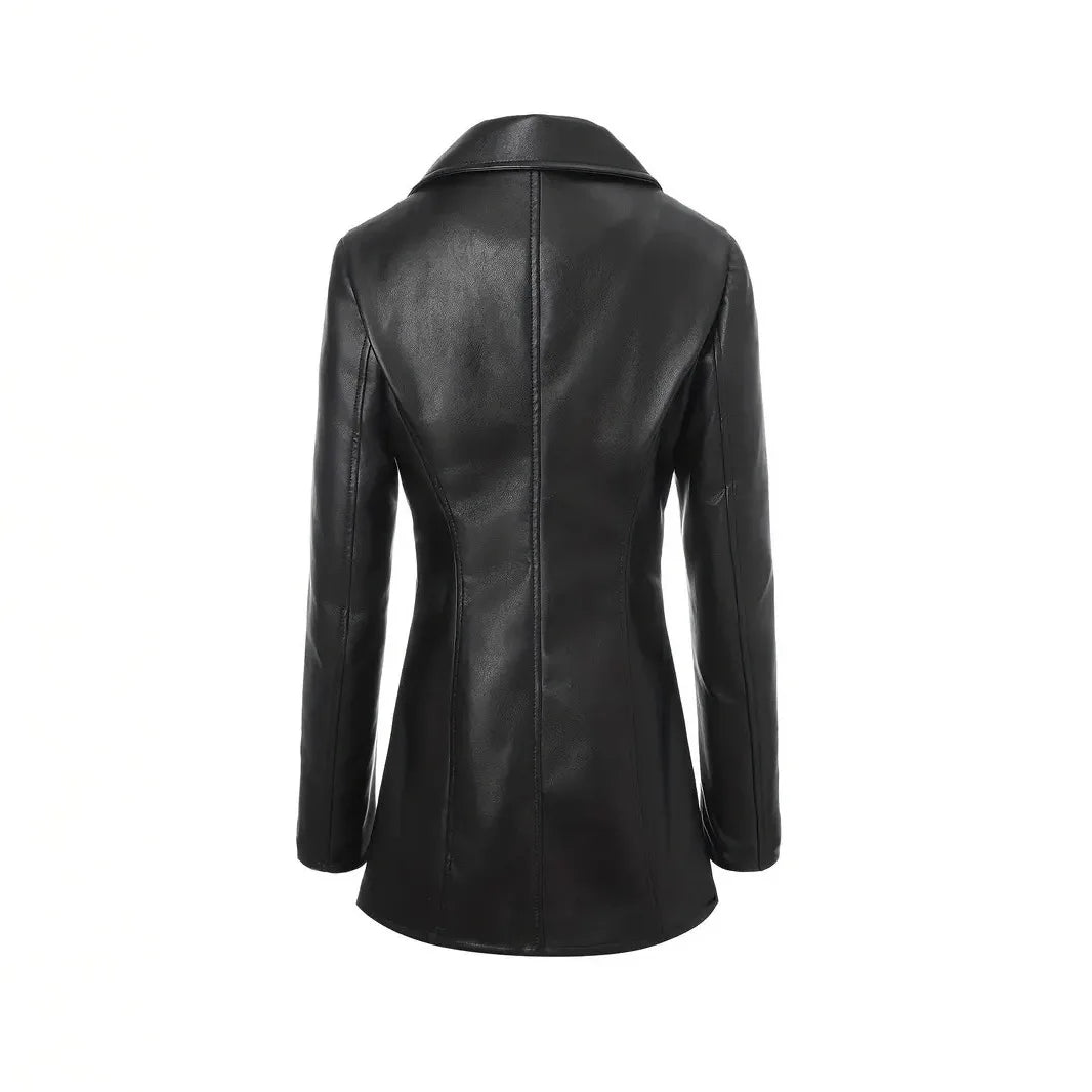 Street PU Leather Women Jacket Black Long Sleeve Button Pocket Turn-down Collar Female Coat 2026 Autumn Winter Lady Outwear