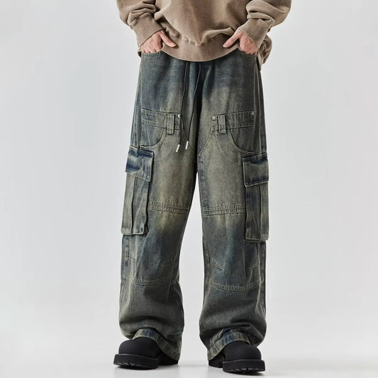 Loose Men's Workwear Jeans High Waist Straight Leg Pocket Water Washed Vintage High Street Long Trousers Autumn Trendy Brand