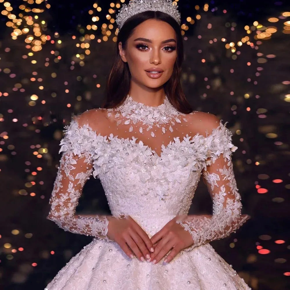 Firstwhite Luxury Ball Gown Wedding Dress Full Sleeves High Collar Pearls Appliques Bridal Dress Vestido De Noiva Customized