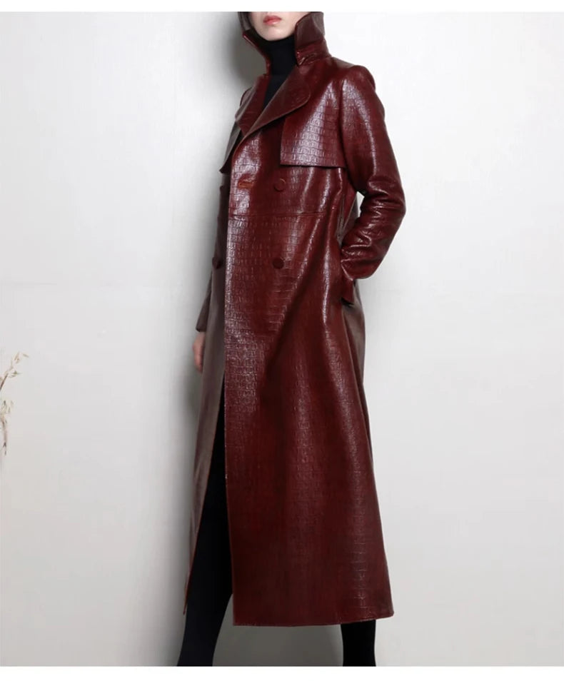 Lautaro Autumn Long Shiny Reflective Patent Faux Leather Trench Coat for Women Belt Double Breasted Luxury Designer Clothes 2023