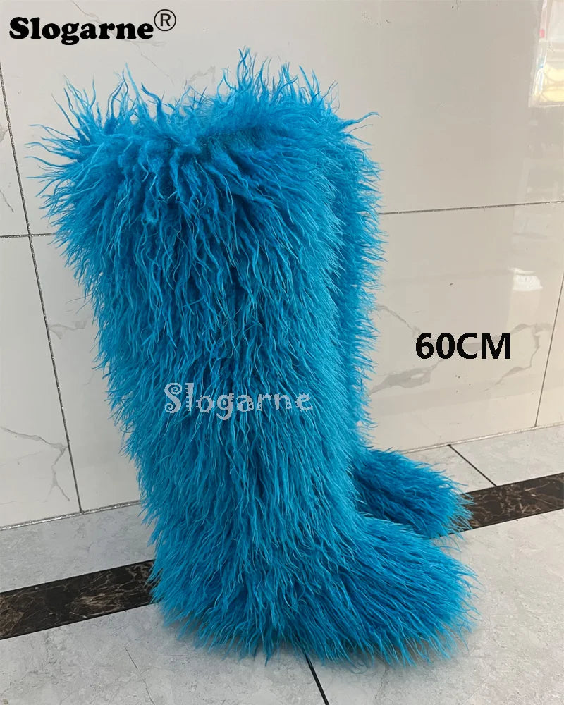 New Over The Knee Fur Boots Women Warm 72CM Long Faux Mongolian Fur Snow Boots Winter Luxury Fluffy Shoes Plush Platform Shoes