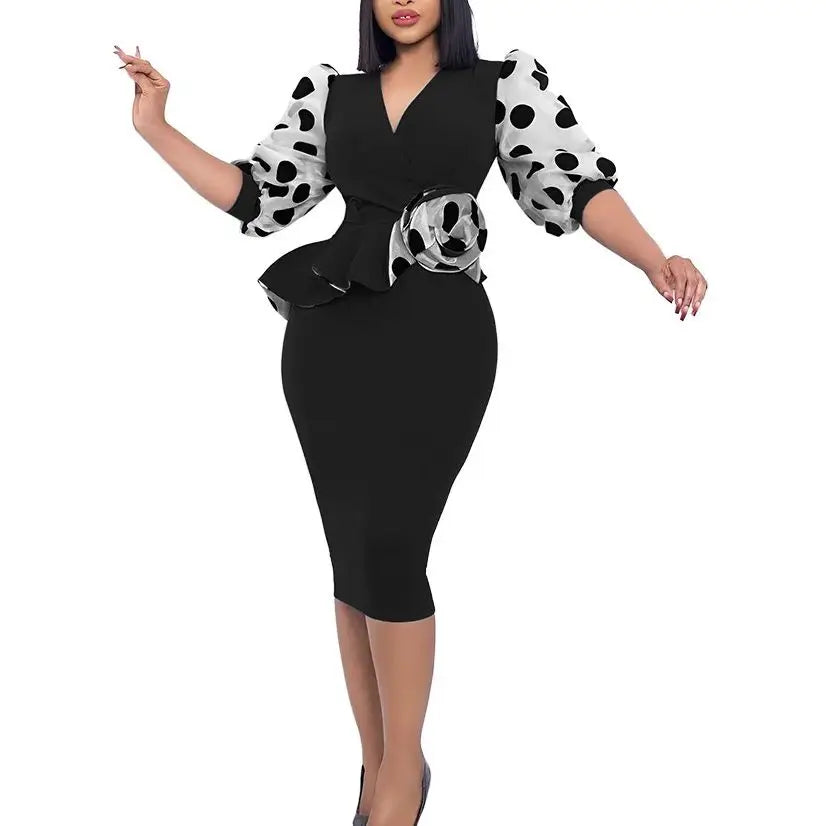Elegant Dot Mesh Stitching V-neck Puff Sleeve Floral Appliques Bodycon Dress Women Ruffles Waist OL Even Party Dresses Vestidos