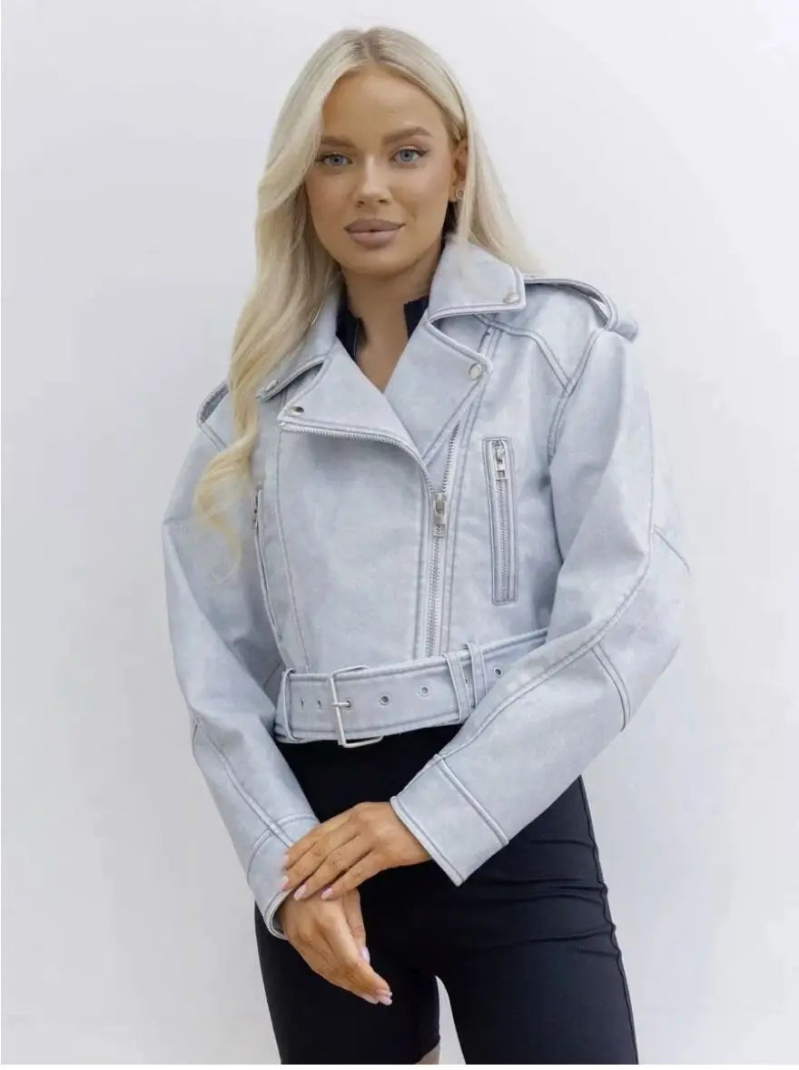 Women Autumn Winter Loose Gray PU Faux Leather Short Jackets Belt Female High Street Zipper Retro Moto Biker Coats Outwear XS-XL